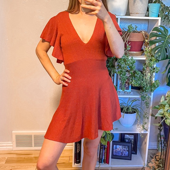 Free People Knit Mini Dress Ruffle Sleeve V-Neck Eyelets A-Line Cotton Blend - Picture 5 of 10